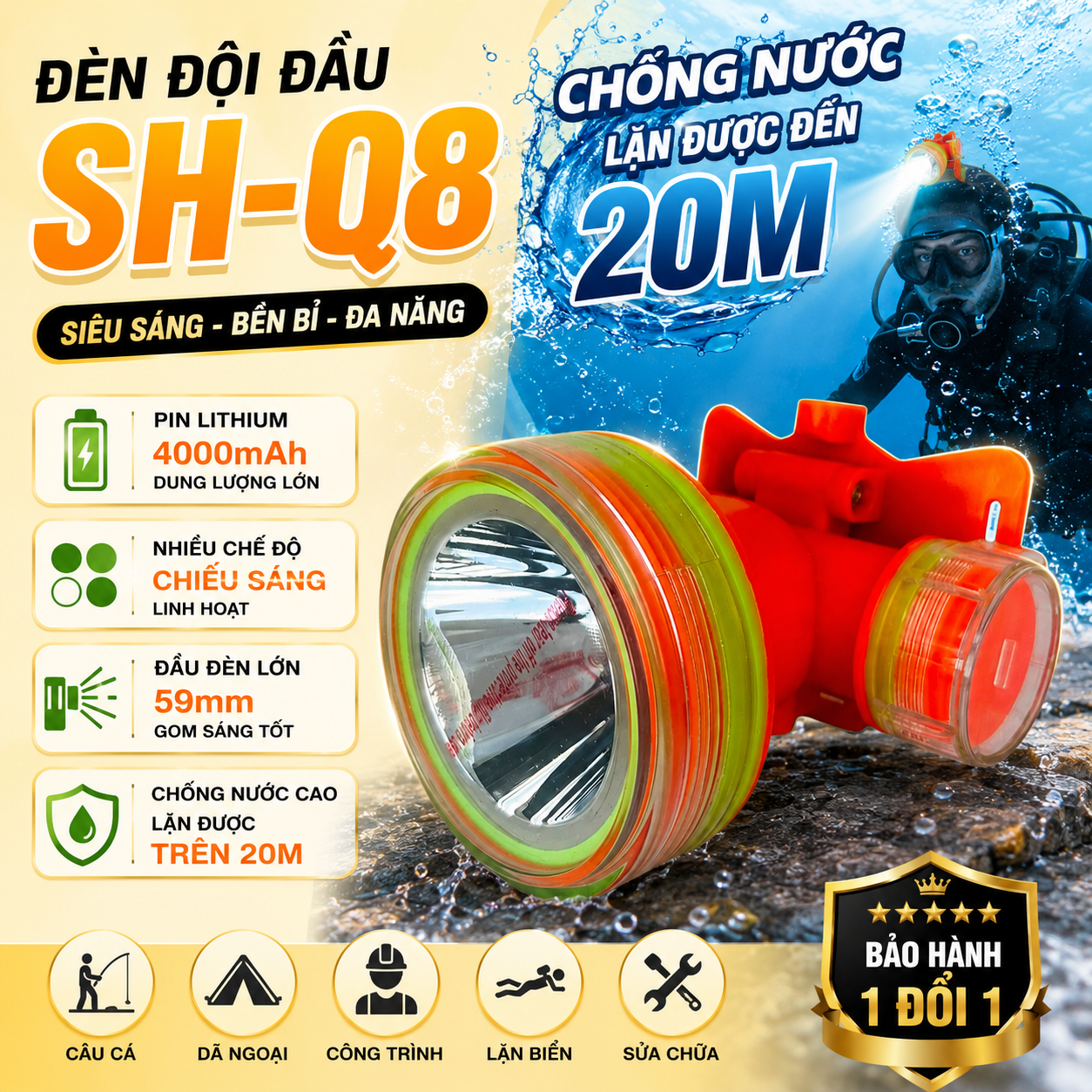 Đèn đội đầu SH-Q8 LED siêu sáng chống nước chuyên Lặn trên 20m,  Pin sạc 4000mAh