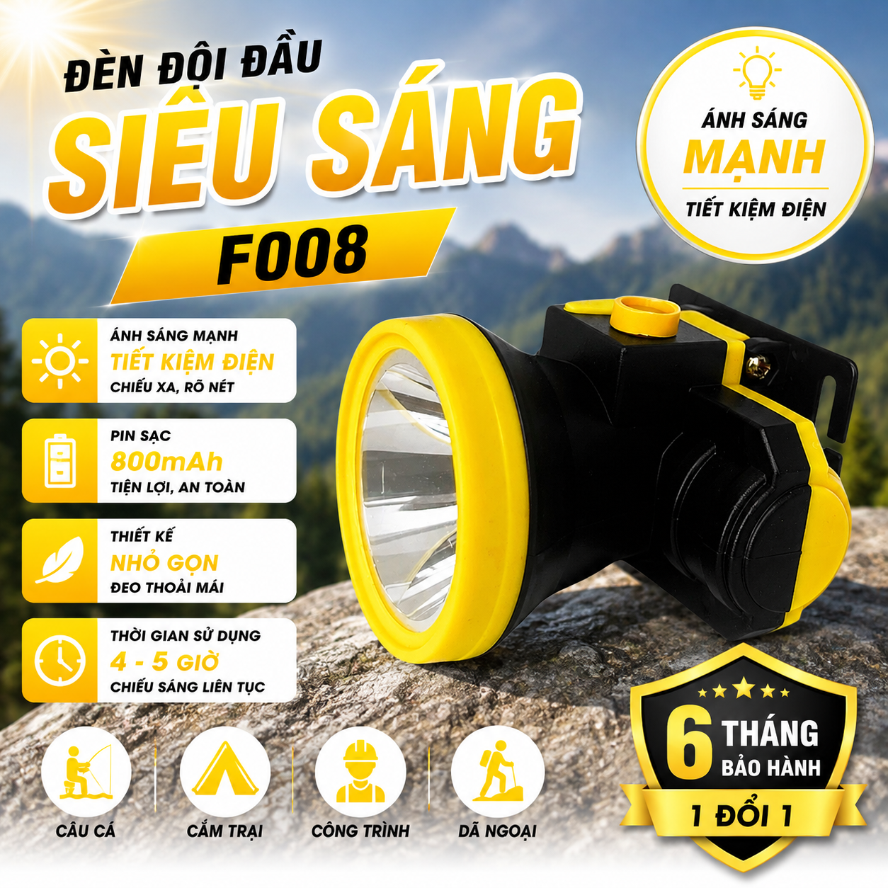 Đèn Đội Đầu F008 Siêu Sáng LED Pin Sạc 800mAh Chiếu Xa Chiếu Gần Nhỏ Gọn Chính Hãng