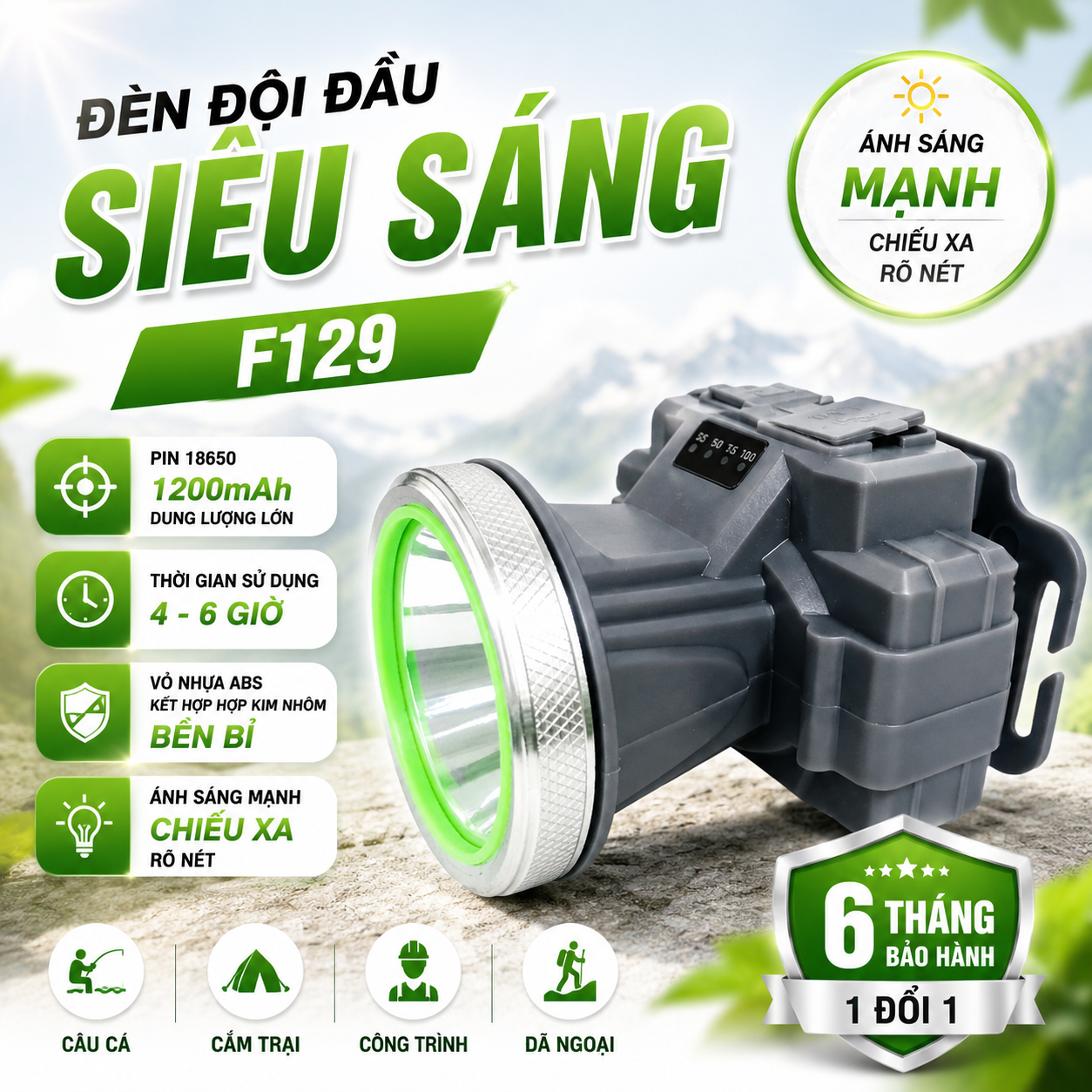 Đèn Đội Đầu F129 Siêu Sáng Pin Sạc 18650 1200mAh Type-C Đầu Đèn 52mm Chính Hãng