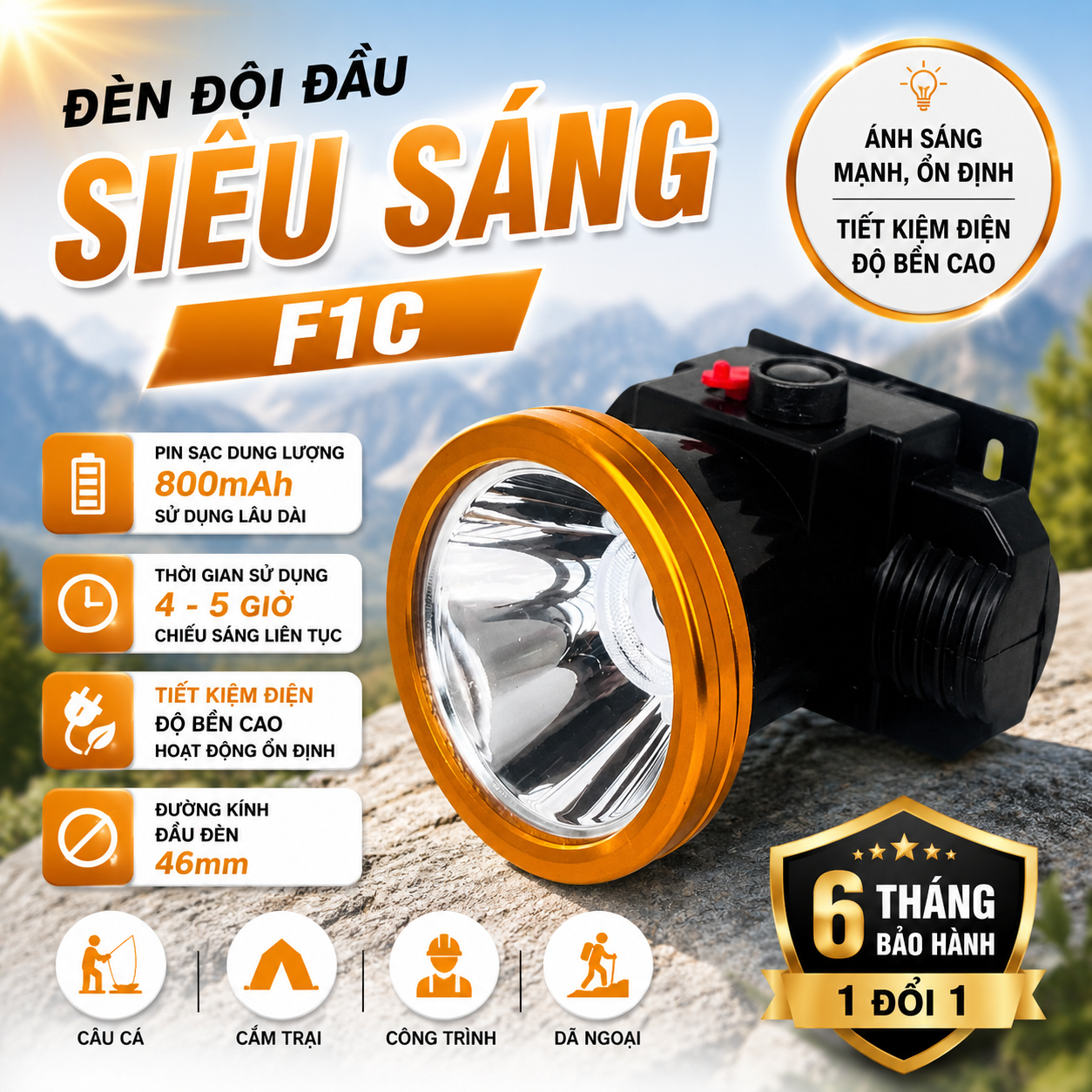 Đèn Đội Đầu F1-C Siêu Sáng LED Pin Sạc 800mAh Chiếu Xa Chiếu Gần Nhỏ Gọn Chính Hãng
