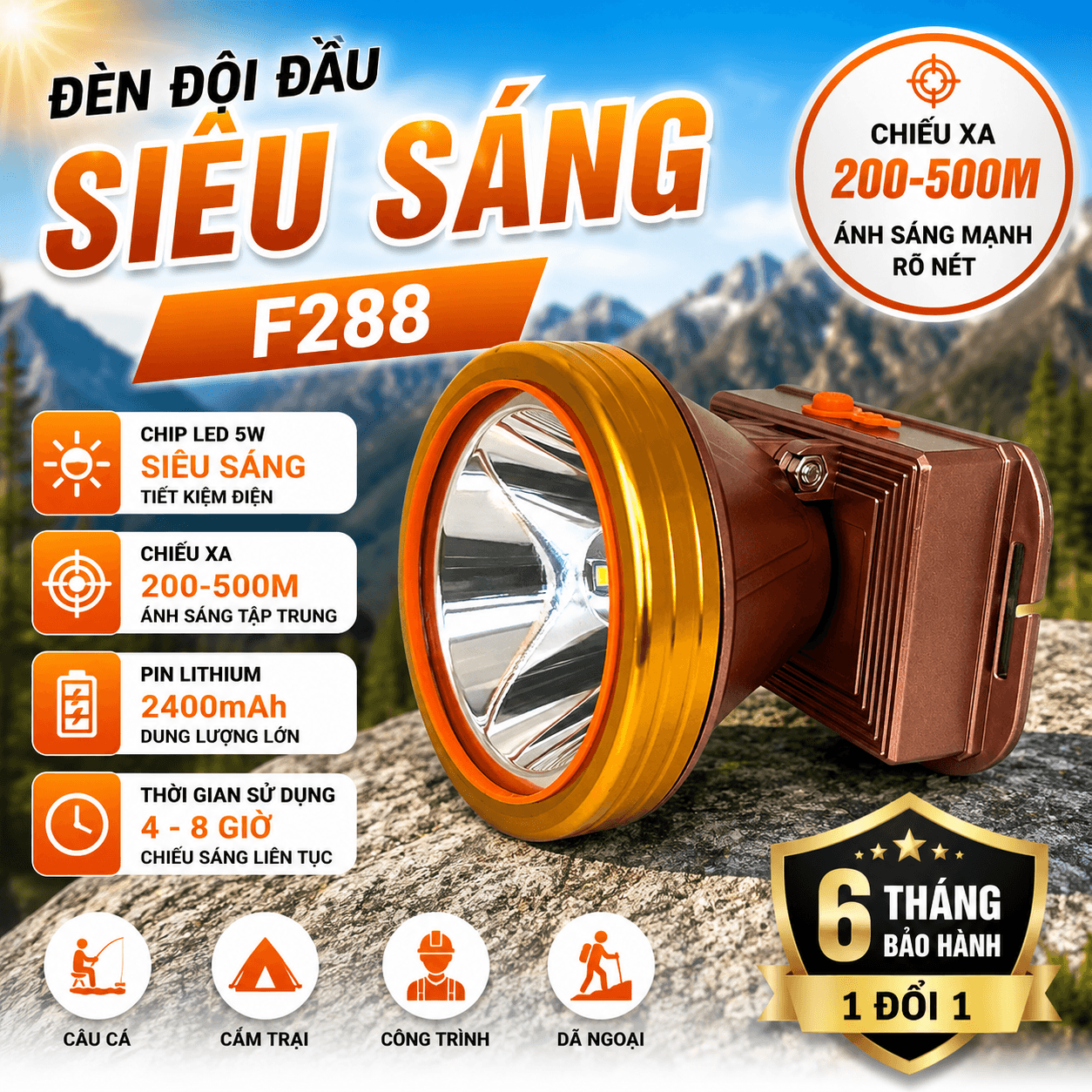 Đèn Đội Đầu F288 Siêu Sáng 5W Pin Sạc 2400mAh Type-C Chiếu Xa 500m LED Chính Hãng