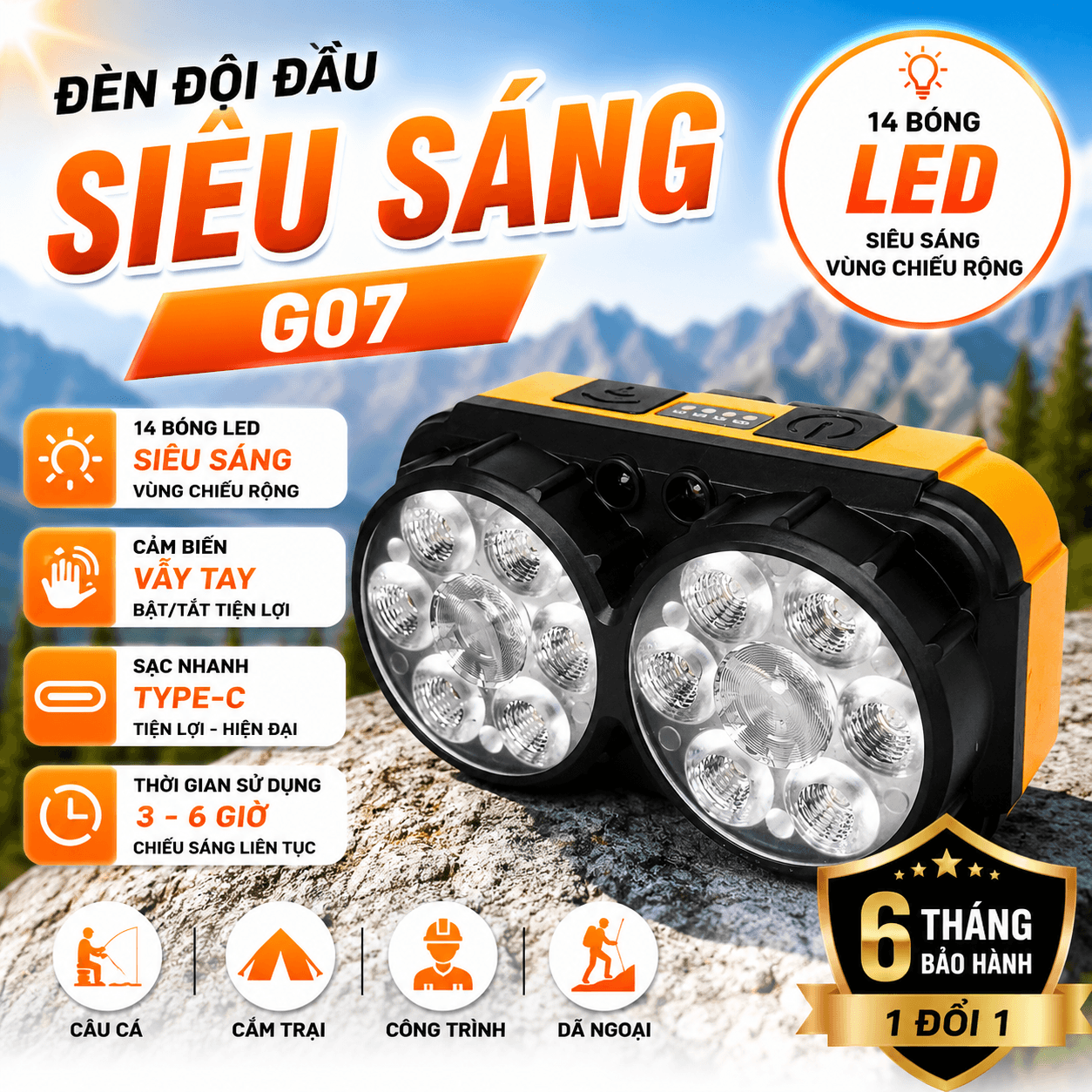 Đèn Đội Đầu G07 14 LED Siêu Sáng Pin Sạc Type-C Cảm Biến Vẫy Tay Chiếu Xa