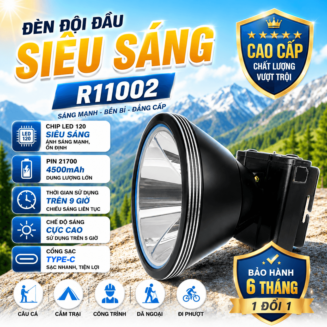 Đèn Đội Đầu R11002 Siêu Sáng Chip 120 Pin 21700 4000-4500mAh Type-C Chiếu Xa 9 Giờ