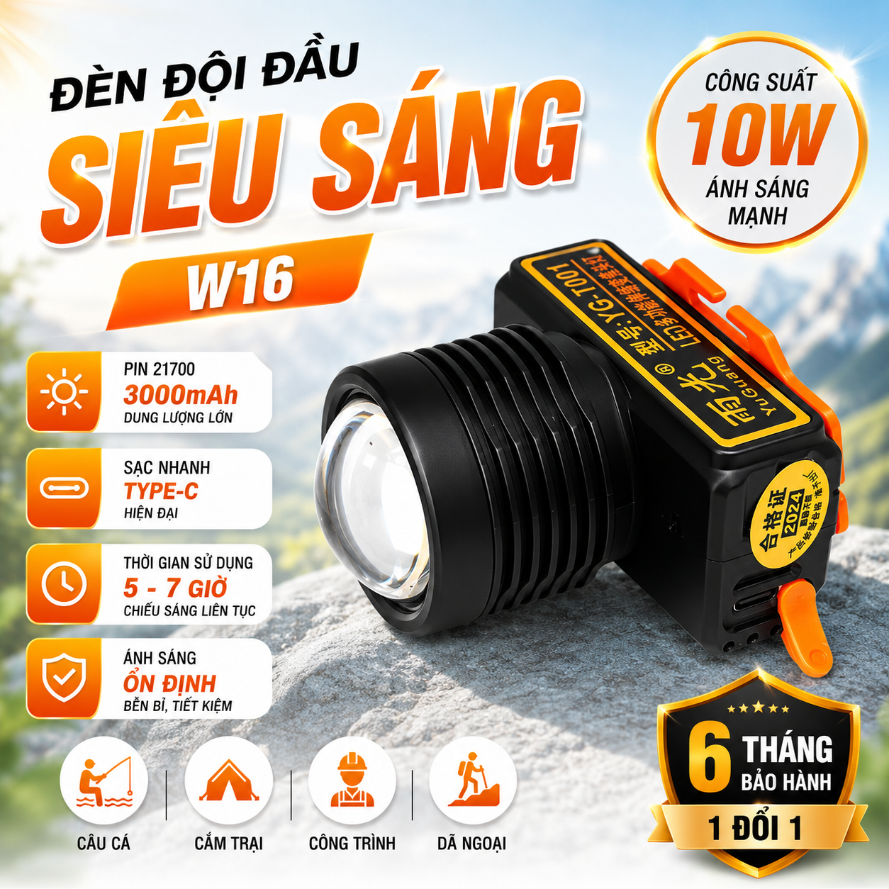 Đèn Đội Đầu W16 Siêu Sáng 10W Pin Sạc 21700 3000mAh Type-C Chiếu Xa Chính Hãng