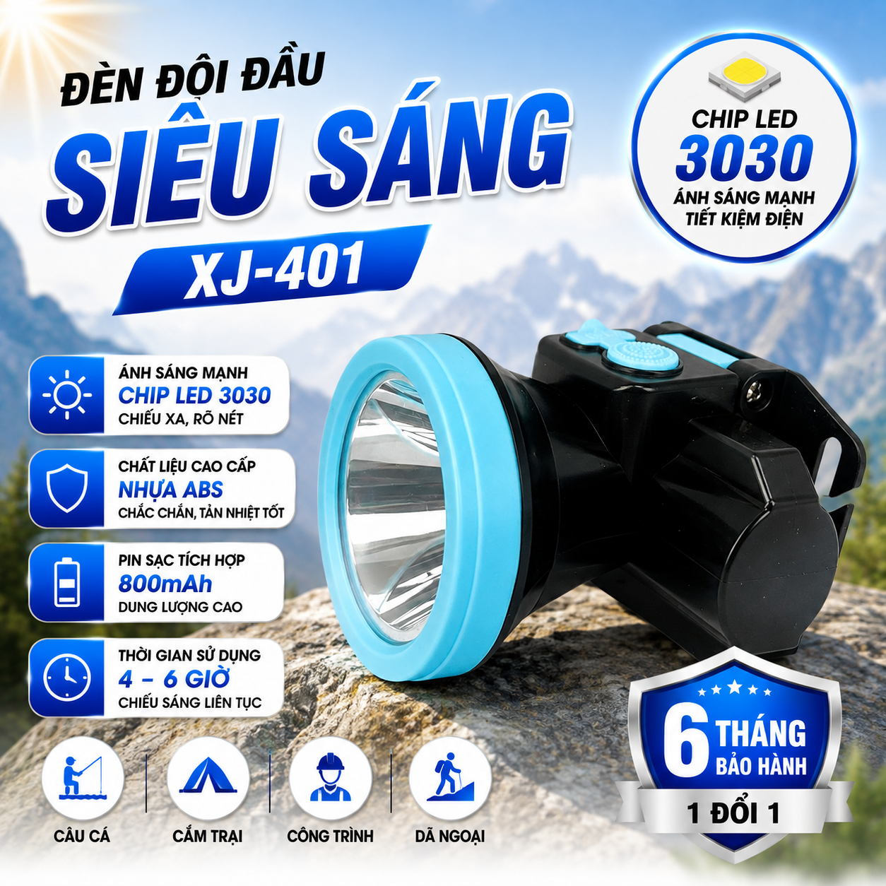 Đèn Đội Đầu XJ-401 Siêu Sáng LED 3030 Pin Sạc 800mAh Chiếu Xa Chiếu Gần