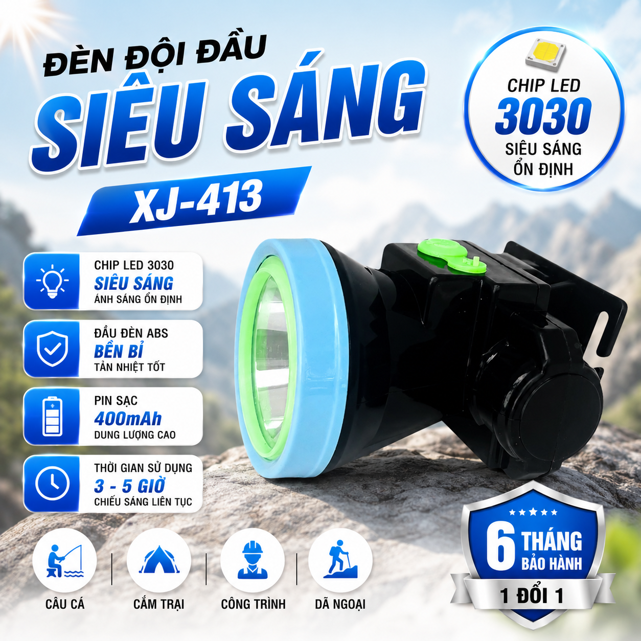Đèn Đội Đầu XJ-413 Siêu Sáng LED 3030 Pin Sạc 400mAh Chiếu Xa Chiếu Gần