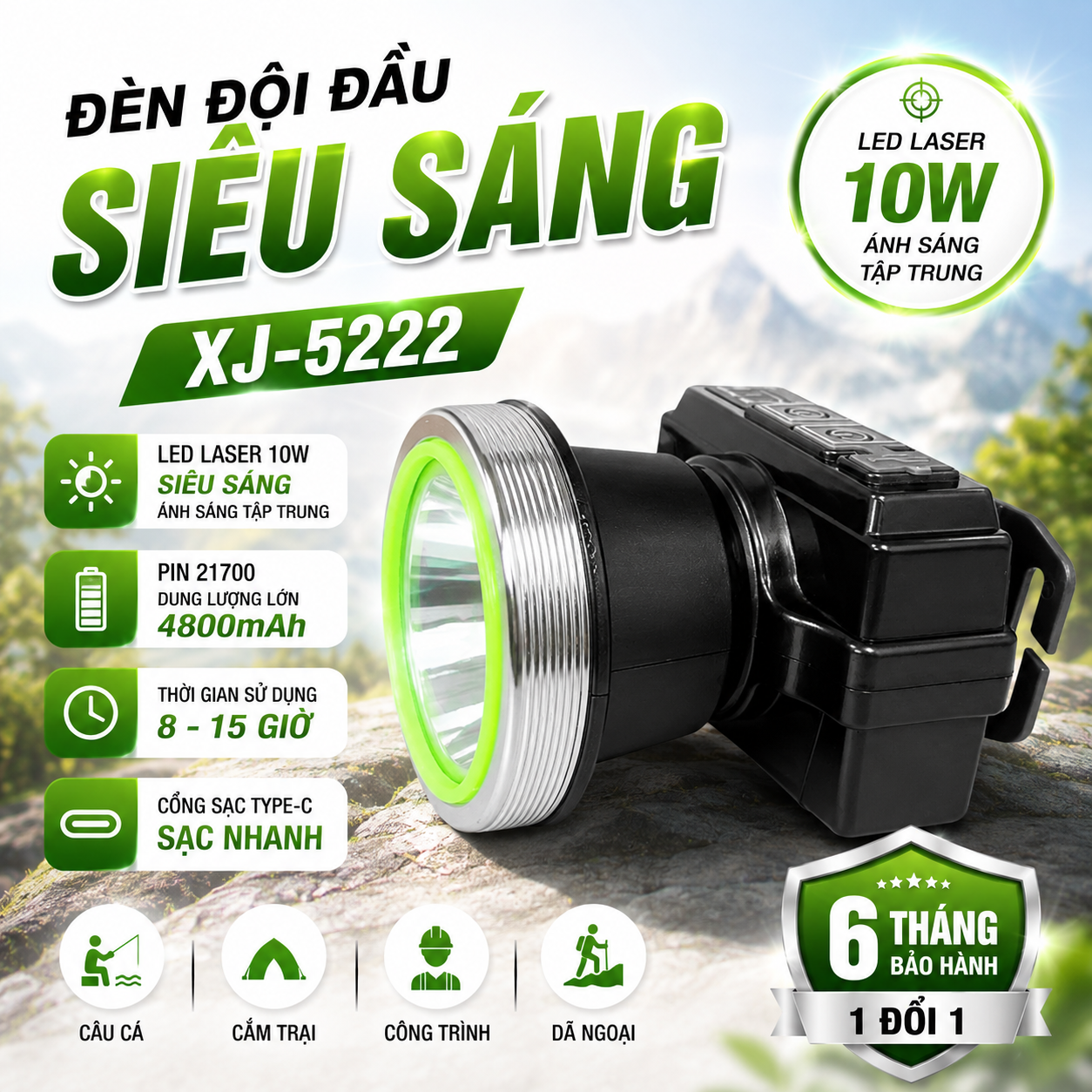 Đèn Đội Đầu XJ-5222 Siêu Sáng 10W Pin 21700 4800mAh Sạc Type-C Hiển Thị Pin Chiếu Xa
