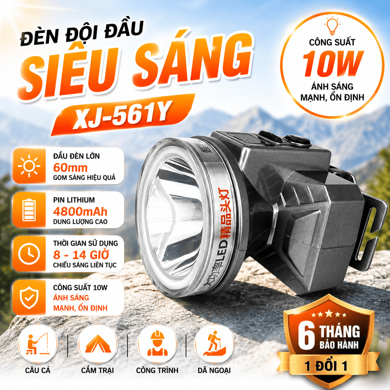 Đèn Đội Đầu XJ-561Y Siêu Sáng 10W Pin Sạc 4800mAh Type-C Hiển Thị Pin Chiếu Xa