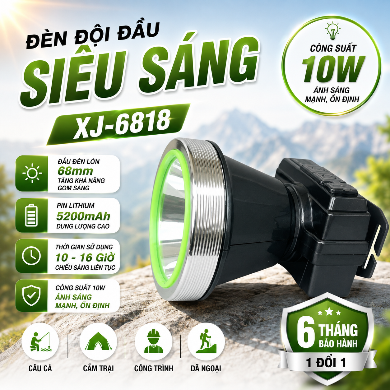 Đèn Đội Đầu XJ-6818 Siêu Sáng 10W Pin Sạc 5200mAh Type-C Hiển Thị Pin Chiếu Xa
