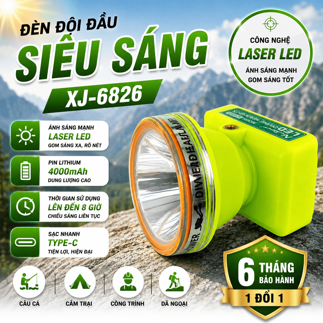 Đèn Đội Đầu XJ-6826 Siêu Sáng Laser LED Pin Sạc 4000mAh Type-C Chống Nước Hiển Thị Pin